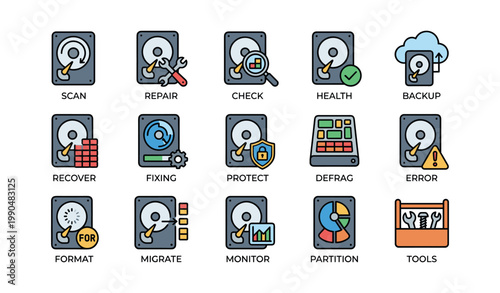 Hard drive maintenance icons set showing diagnostics and utilities