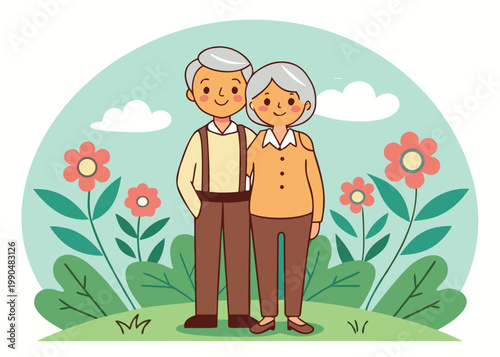 Elderly cartoon couple in brown trousers standing on a green hill.