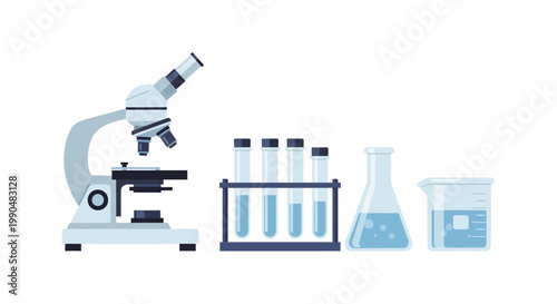 Laboratory equipment including microscope and test tubes on white background