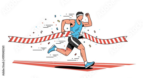 Illustration of a Male Runner Crossing the Finish Line with Ribbon