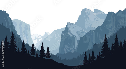 Scenic mountain landscape with pine trees and foggy atmosphere