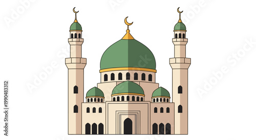 Illustration of a traditional mosque with green domes and minarets