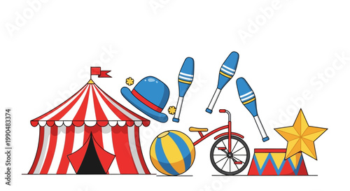 Colorful circus elements with tent, juggling pins, and unicycle