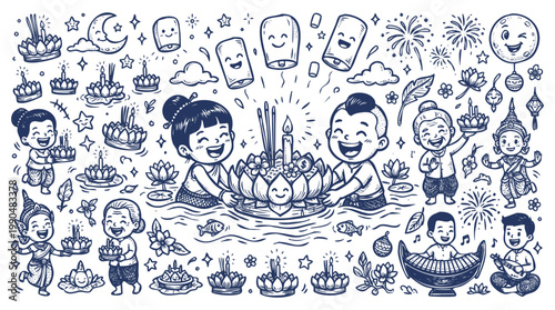 Vintage 1930s Style Loy Krathong and Yi Peng Festival Doodle Set