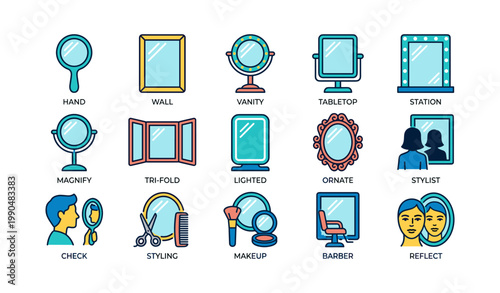 Various mirror and vanity icons representing styling and makeup