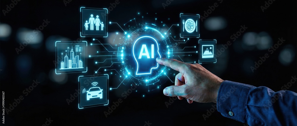 Fototapeta premium Exploring ai technology integration digital workspace infographic high-tech environment close-up viewpoint innovation and future trends