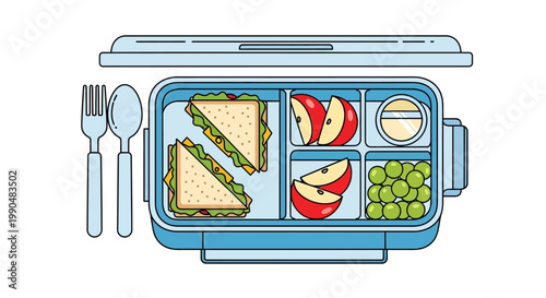 Healthy lunchbox with sandwich, apple slices, and peas in compartments