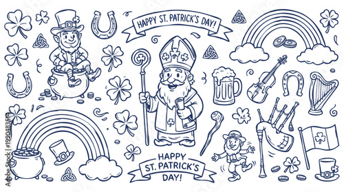 Vintage 1930s Style Happy St. Patrick's Day and Irish Folklore Doodle Set