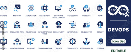 DevOps editable solid icon set.Containing automation, plan, framework, software development, deployment, operate, monitor, teamwork, target, testing, collaboration and more vector icons collection.