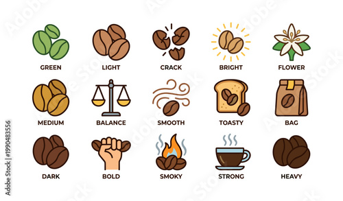 Coffee roast and flavor icons showing bean characteristics