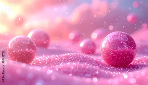 Vibrant Pink Glossy Spheres Resting On Shimmering Textured Sand With A Dreamy Pastel And Magical Bokeh Light Effects