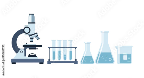Laboratory equipment including microscope and glassware on white background