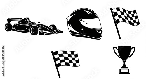 Racing Car Helmet Flags and Trophy Icons.