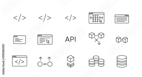 Collection of API and coding icons with data representations.