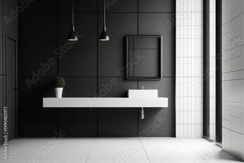 Modern clean bathroom interior showcase minimalist restroom design elegant black and white theme contemporary environment