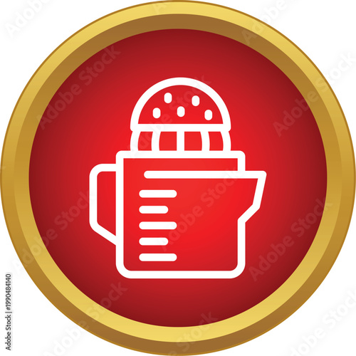 White outline illustrating a manual citrus juicer against a red background