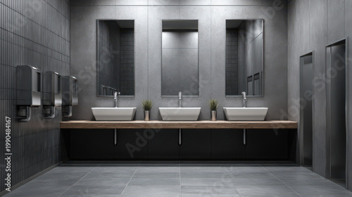 Modern bathroom interior clean restroom design in urban environment with mirrors and fixtures
