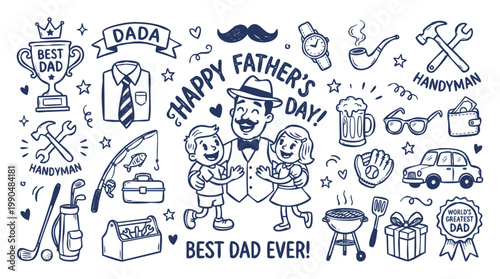 Hand Drawn Father's Day Appreciation Illustration and Dad Lifestyle Icon Set
