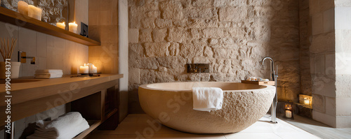 Relaxing bathroom interior clean restroom sanctuary natural stone aesthetics warm lighting atmosphere