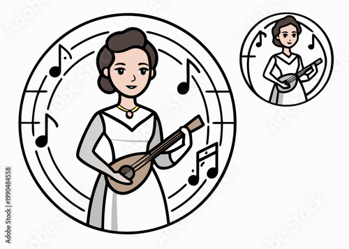 A woman with dark hair in a white and grey dress plays a wooden mandolin inside a circular frame surrounded by several black musical notes.