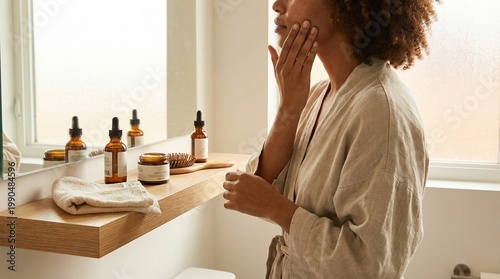 Young black woman in bathroom applying face cream, warm morning light by window, natural skincare routine and self care, clean wellness lifestyle at home