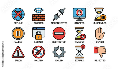 Network and access restriction icons on white background grid