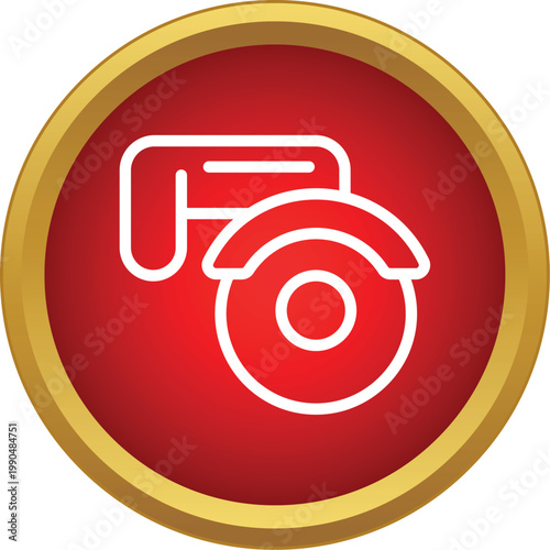 Graphic displaying an angle grinder power tool in a red and gold circle