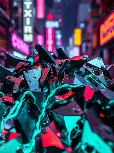 Angular metallic shards, interwoven with pulsating cyan data streams, rendered in extreme macro detail within a neon-drenched urban sprawl,  grime,  industrial