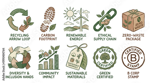 Sustainable eco-friendly icons illustrate environmental concepts and green certifications on a white background with recycling, carbon footprint, and ethical supply chain symbols.