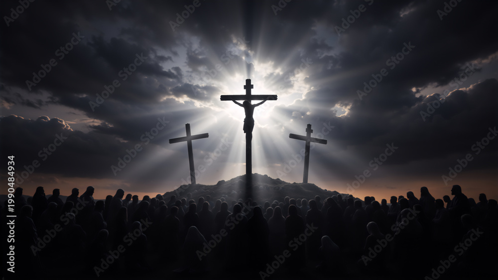 Obraz premium Silhouette of the crucifixion of Jesus Christ on the cross at Calvary. Three crosses on a hill with a dramatic sky and light rays. Christian religion, Easter, and salvation concept