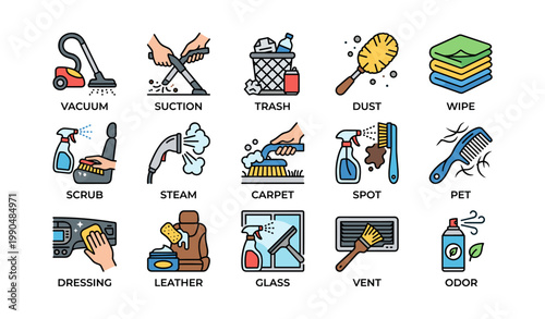 Cleaning icons showing tools and actions on white background