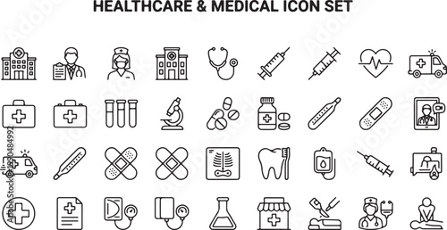 Healthcare and Medical Icon Set with Hospital, Doctor, Medicine, Emergency, Diagnostics, Pharmacy and Treatment Outline Vector Collection
