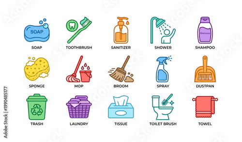 Hygiene icons showing toiletries and cleaning tools on white background