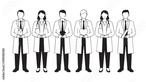 Medical Specialists Team Icon Set: Doctors with Heart, Lung, and Healthcare Symbols Professional line art illustration of a diverse medical team, featuring male and female doctors holding heart and 