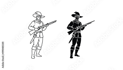 Historical colonial soldier character standing with musket rifle in detailed black and white vector style