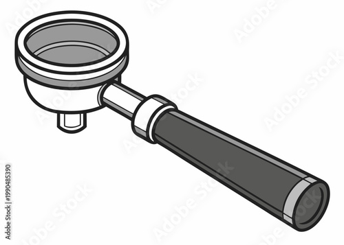 A silver espresso portafilter with a black handle and a grey filter basket is shown isolated on a plain white background.