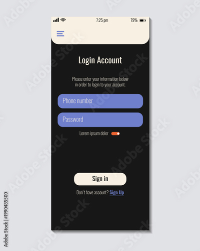 Dark mode login screen UI for mobile app. Modern sign in interface with email and password fields. Clean UX design for secure authentication, ecommerce and digital services.
