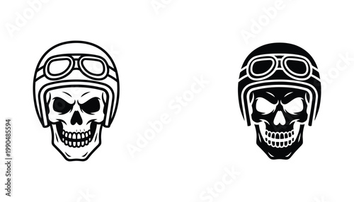 Minimalist vector illustration of biker skull wearing vintage goggles in outline and solid black styles for motorcycle culture and extreme sports branding design elements isolated on white background
