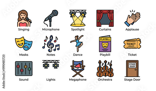 Theater symbols showing performance elements on white background
