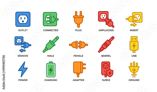 Electrical plug and power icons showing connectors on white background