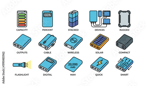 Power bank feature icons arranged in grid on white background