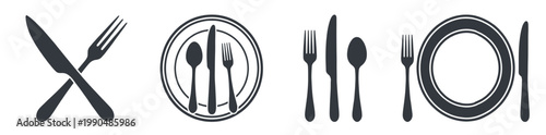Minimalist Flat Vector Silhouette Dining Icon Set Isolated on White: Collection of Restaurant Cutlery Symbols Including Spoon Fork Knife and Plate for Food Service Menu Web Interface App Projects
