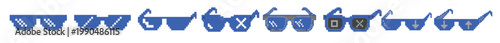 Blue Retro Pixel Art Vector Icon Set Isolated on White: Collection of 8-Bit Sunglasses Meme Glasses and Cool Thug Life Eyewear for Gaming Digital Culture Social Media and Graphic Design Projects