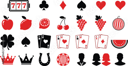 Casino and luck symbols icon set featuring playing cards, fruits, crowns, suits, and silhouettes in bold red and black vector design style