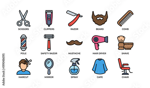 Barber tools and grooming icons arranged on white background