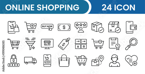 Online Shopping Icon Pack – 24 E-commerce, Retail, Cart, Payment, Digital Store Vector Icons