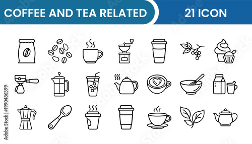 Coffee and Tea Icon Pack – 21 Beverage, Café, Drink, Hot Drink, Cup Vector Icons