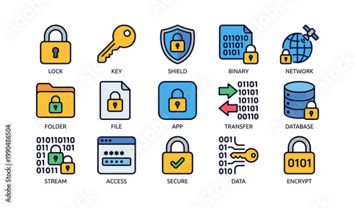 Data security icons showing locks keys and encryption symbols