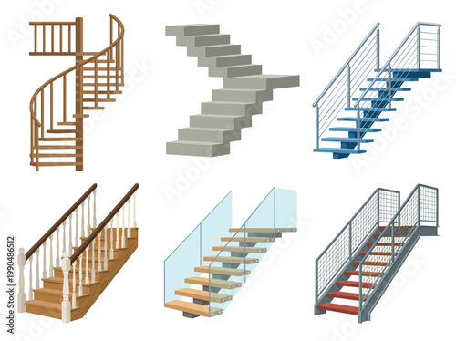 Various staircase designs isolated white background wooden spiral staircase sleek concrete stairs modern blue metal rails. Classic wood balusters glass railing industrial style steel steps vector..