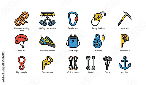 Climbing gear icons showing equipment and tools on white background